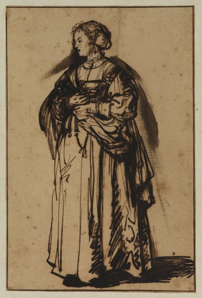 Konstnärens hustru Saskia, stående och med blommor i händerna av (workshop of) Rembrandt Harmensz. van Rijn