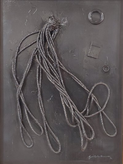 G. C. Riccardi, Combustione n. 3, 1990, blandteknik på duk, 60x80, Arpino, Umberto Mastroianni Foundation, Italien. av Gian Carlo Riccardi