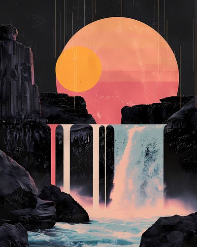 Minimalistiskt vattenfall i röd solnedgång, inramade posters, online canvas konsttryck av F. Abderrahim