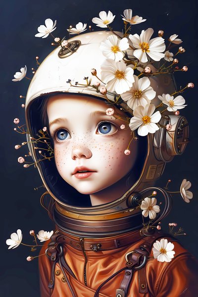 barn astronaut på planeten Blommor, anpassade bildtryckstorlekar av F. Abderrahim