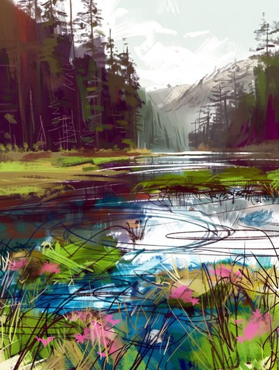 Vackert landskap i skog och berg intill en sjö för vardagsrumsinredning av F. Abderrahim