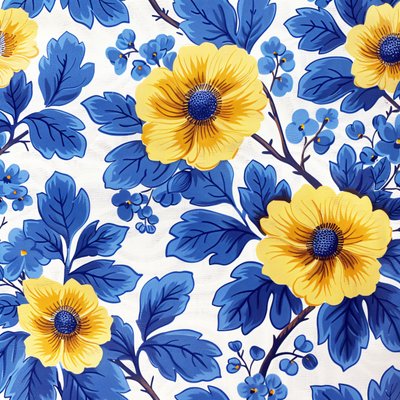 Blått och gult blommigt blockmönster för moderna väggkonsttryck av F. Abderrahim