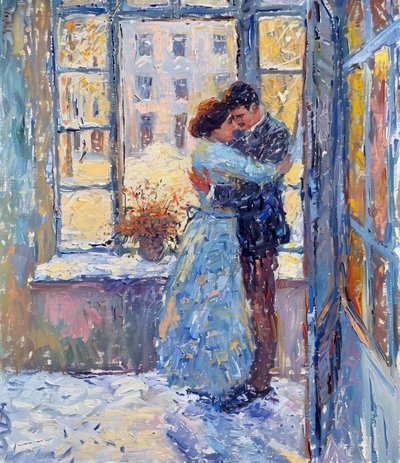 Canvastryck på begäran : Impressionistisk oljemålning av ett romantiskt par av F. Abderrahim
