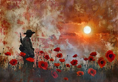 Silhuett av en soldat i ett fält med vallmoblommor av F. Abderrahim