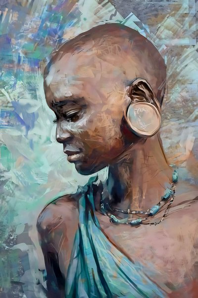 Afrikansk stamflicka med traditionell dräkt | Abstrakta figurativa konsttryck av F. Abderrahim
