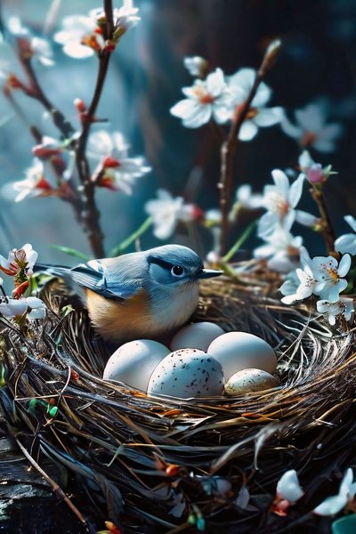 Fågel som ruvar på ägg omgiven av vita blommor för konst poster tryck av F. Abderrahim
