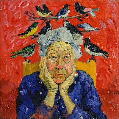 Kvinna med fåglar på huvudet: målning i Matisse-stil | väggdekoration, konsttryck av F. Abderrahim