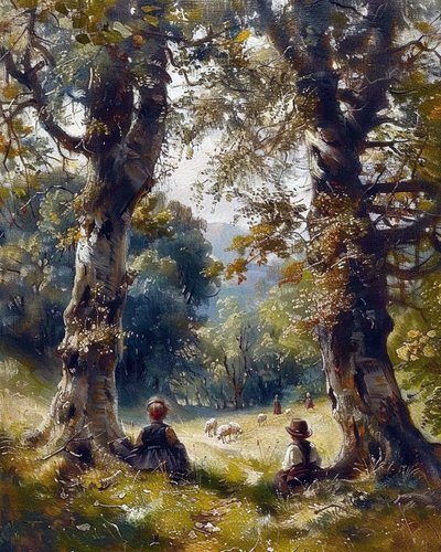 Barn som sitter under träd i skogen, modern väggdekor av F. Abderrahim