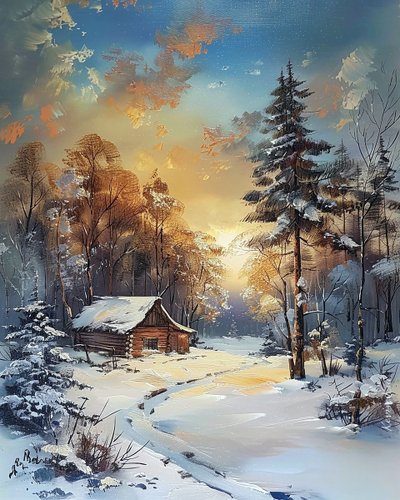 Hytt mitt i en skog och snö, väggdekoration i vinterlandskap av F. Abderrahim