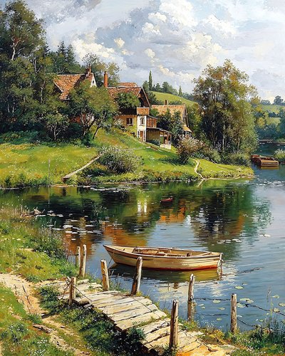 En träbåt förtöjd intill en flod och en traditionell by av F. Abderrahim