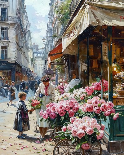 Kvinna från 1920-talet som säljer blommor med tryck på canvas online av F. Abderrahim