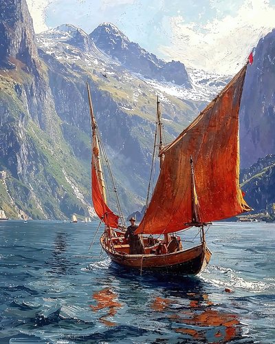 En segelbåt i en dal mellan bergen, Inramad väggdekor av F. Abderrahim