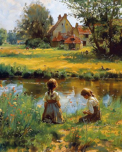 Barn leker utanför hus på landsbygden, canvas tryck av F. Abderrahim