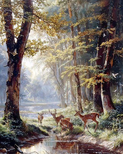 En hjort bland träden som dricker vatten från en sjö, olja canvas tryck av F. Abderrahim