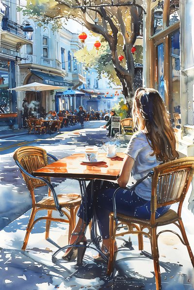 En kvinna sitter i en stol på ett café på en gata i Paris, inramad väggdekor av F. Abderrahim