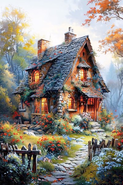 Landskapsmålning på duk, Farm House Painting, natur väggdekor av F. Abderrahim