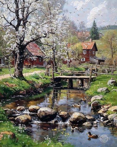 The Mill Cottage in Spring, olja på duk, inramad väggdekoration av F. Abderrahim
