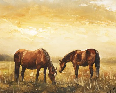 Vilda hästar i solnedgången väggdekoration i canvas, Canvas  inramad väggdekoration av F. Abderrahim