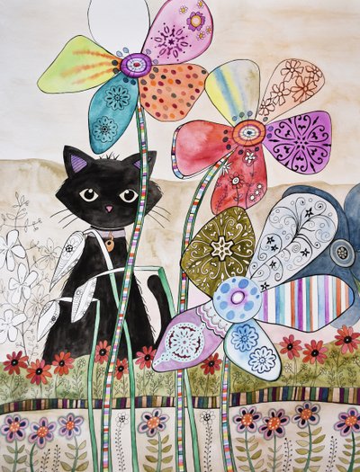 Katt bakom blommor av Marys Watercolors