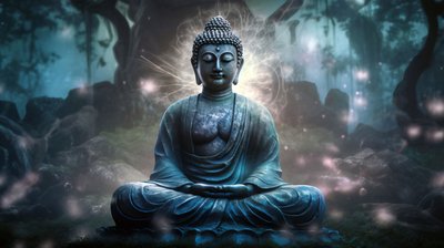 Buddha sitter i fridfull meditation, en andlig buddhistisk duk, inramade väggkonsttryck av F. Abderrahim