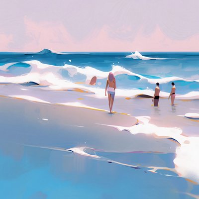 Människor på stranden Minimalistisk akvarell med vågor, Väggdekor till salu av F. Abderrahim