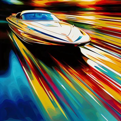 Glid genom ljuset: Speedboat på en glänsande väg, konsttryck på duk av F. Abderrahim