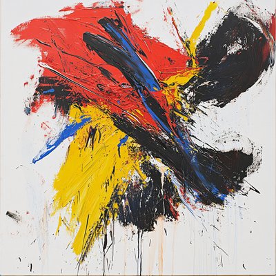 Abstrakt färgglada penseldrag, röd blå gul och svart målning; canvas tryck av F. Abderrahim