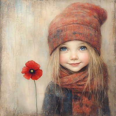 En flicka i ett fält av vallmo med en bild av en flicka i en blomma, vägg Home Decor av F. Abderrahim