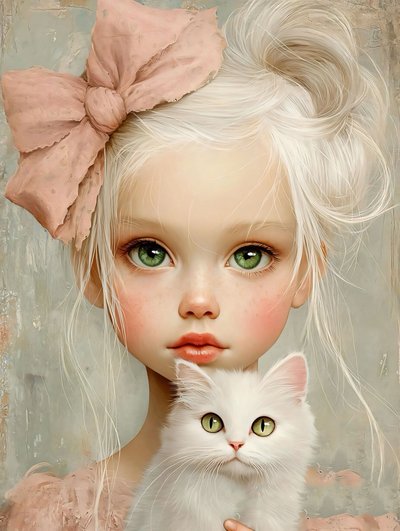 Liten flicka med katt , väggdekor | print on demand av F. Abderrahim