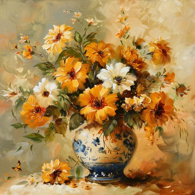 1800-tal, vas prydd med eleganta gyllene blommor Väggdekoration för rum av F. Abderrahim