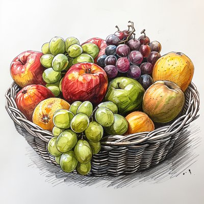en korg med frukt, enkel stillebenteckning, väggkonsttryck på begäran av F. Abderrahim
