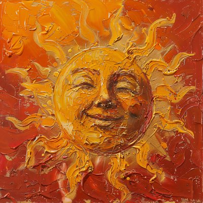 En knubbig sol målad på en röd och beslöjad bakgrund, konsttryck på canvas av F. Abderrahim