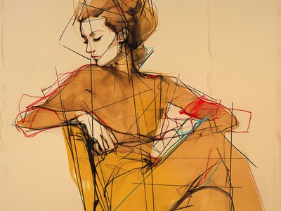 Modeillustration  teckning av en sittande kvinna, Porträtt i elegant brun klänning, konsttryck av F. Abderrahim