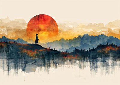 Geisha stående, minimalistiskt landskap  solnedgång, Modern väggdekoration | tryck på begäran av F. Abderrahim
