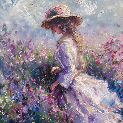 Dam i naturklänning, Upplyftande doft av liv, Monet Style, konsttryck online av F. Abderrahim