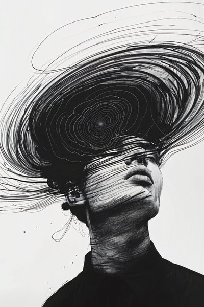 Minimalistisk tecknad skiss, man i depressionsvirvel, online canvas tryck på begäran av F. Abderrahim