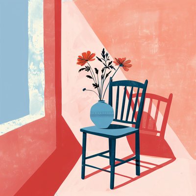 växt, stol  keramikvas, bohemisk stil, modern väggdekoration | print on demand av F. Abderrahim