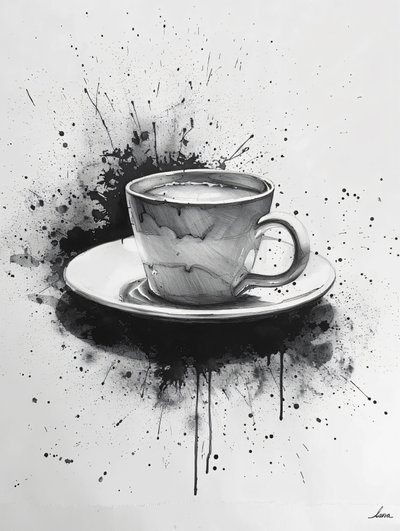 Minimalistisk Noir-scen i en linje med kaffefläckar som ljuspunkter, konsttryck online av F. Abderrahim