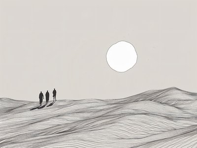 Minimalistskiss, män som går i en procession i ökensol, konsttryck online av F. Abderrahim