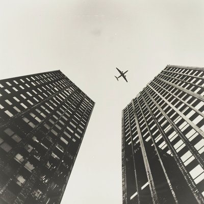 Flygplan som flyger över två torn, fotografi med  svart, väggkonsttryck på begäran av F. Abderrahim