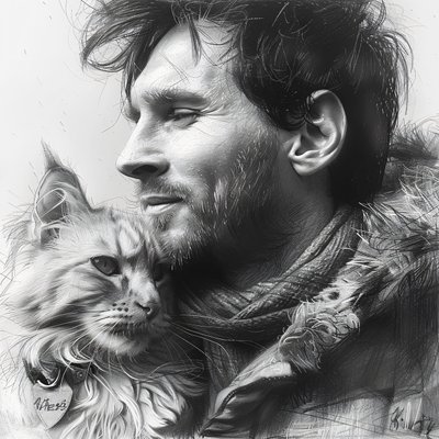Katt med fotbollsspelaren Messi, Modern väggdekoration | print on demand av F. Abderrahim