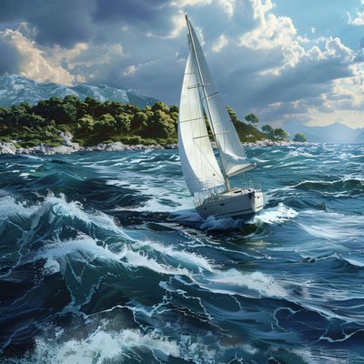 Vit segelbåt Yacht på stranden, Kroatiens kust med naturligt ljus av F. Abderrahim