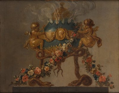 Parfymbrännare stödd av amorini och ormar och kransad med blommor, 1700-tal. av 18th century . French Painter