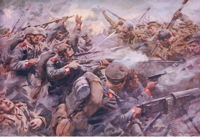 Nederlaget för det preussiska gardet vid Zonnebeke, från History of the Great War Vol 3 publicerad av Waverley Book Co Limited, ca 1920 av A.C. Michael