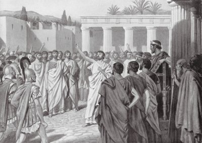 De peloponnesiska staternas kongress i Sparta, 432 f.Kr (litografi) av A.C. Weatherstone
