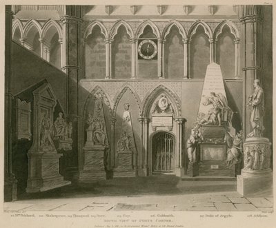 Söder utsikt över Poets Corner, Westminster Abbey, London av A.C. and Villiers, H. Pugin