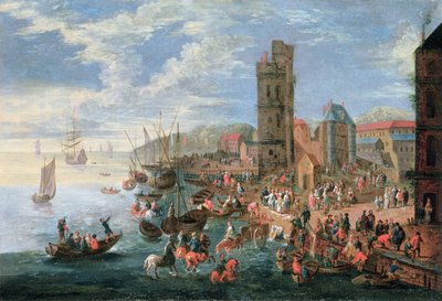 En hamnscene av A.F. and Bouts, P. Boudewyns