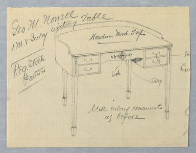 Design för inläggsskrivbord i mahogny för George M. Nowell av A.N. Davenport Co.