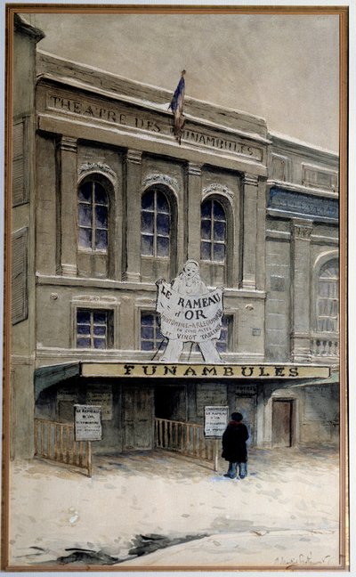 Utsikt över Theatre des Funambules på boulevard du Crime (boulevard du Temple i Paris). Akvarell av Adolphe (1828-1883) Paris. Carnavalet Museum av A.P. Martial