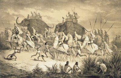 Kavalkad av sikhiska hövdingar på elefanter, från "Voyage in India", graverad av puben Louis Henri de Rudder (1807-81). i London av A. (after) Soltykoff